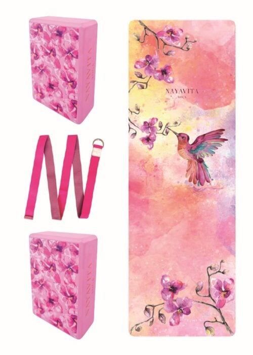 Dárek pro jogínku set na cvičení Colibri Dream růžové bloky na jógu semišová podložka popruh na jógu NAYAVITA Yoga