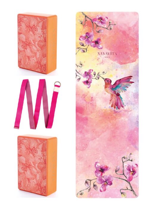 NAYAVITA Yoga pink yoga set with a hummingbird colibri dream pink yoga kit pink aesthetics pink yoga yoga mat yoga blocks set yoga strap yoga starter kit