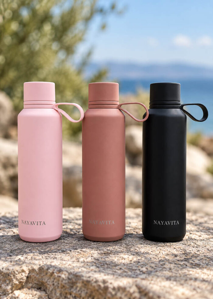 Tři termoláhve na pití NAYAVITA v pink, terracotta a black designu